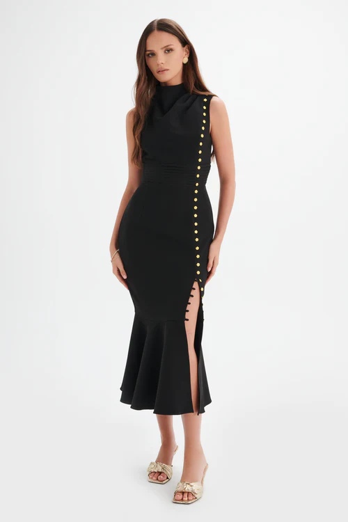 Lavish Alice High Neck Rose Button Midi Dress